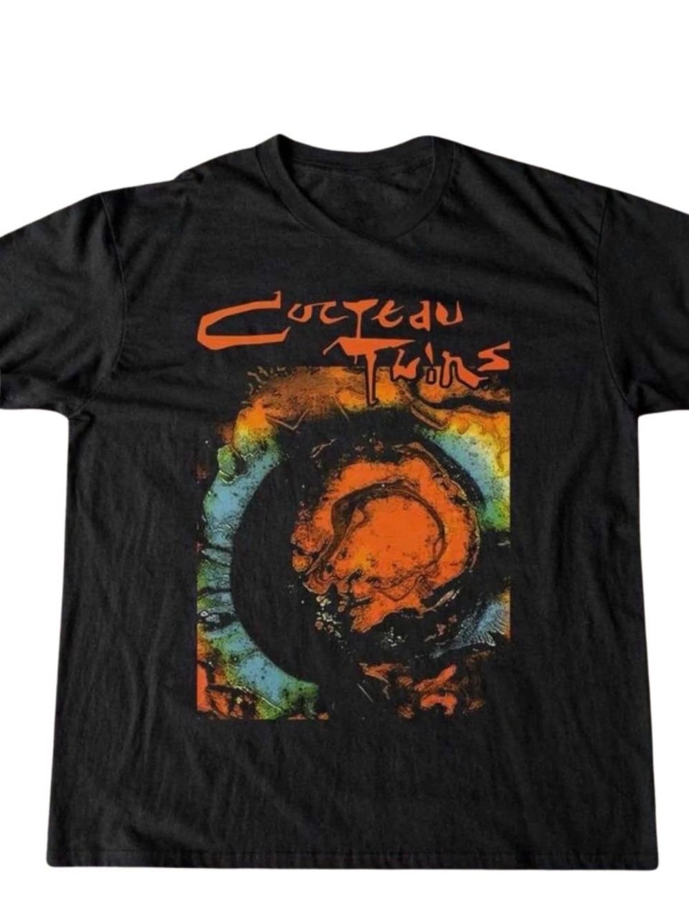 Black Cocteau Twins Tee with Orange, Blue & Green Graphic